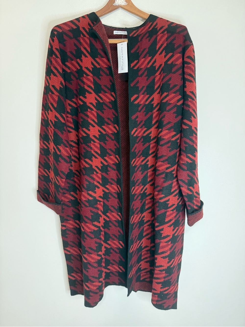 Notations NWT Open-Front Red & Black Houndstooth Knit Cardigan size 1X